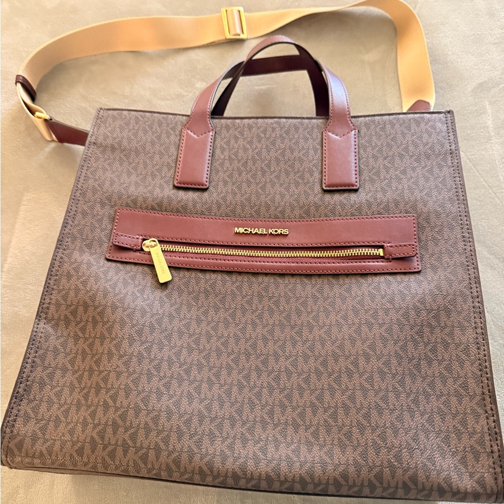 Michael Kors Brown Monogram Messenger Tote with Gold Accents